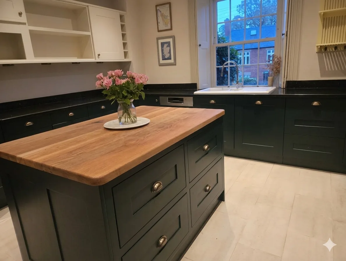 Premium kitchen island and cabinets sprayed in Benjamin Moore Hunters Green, Market Harborough