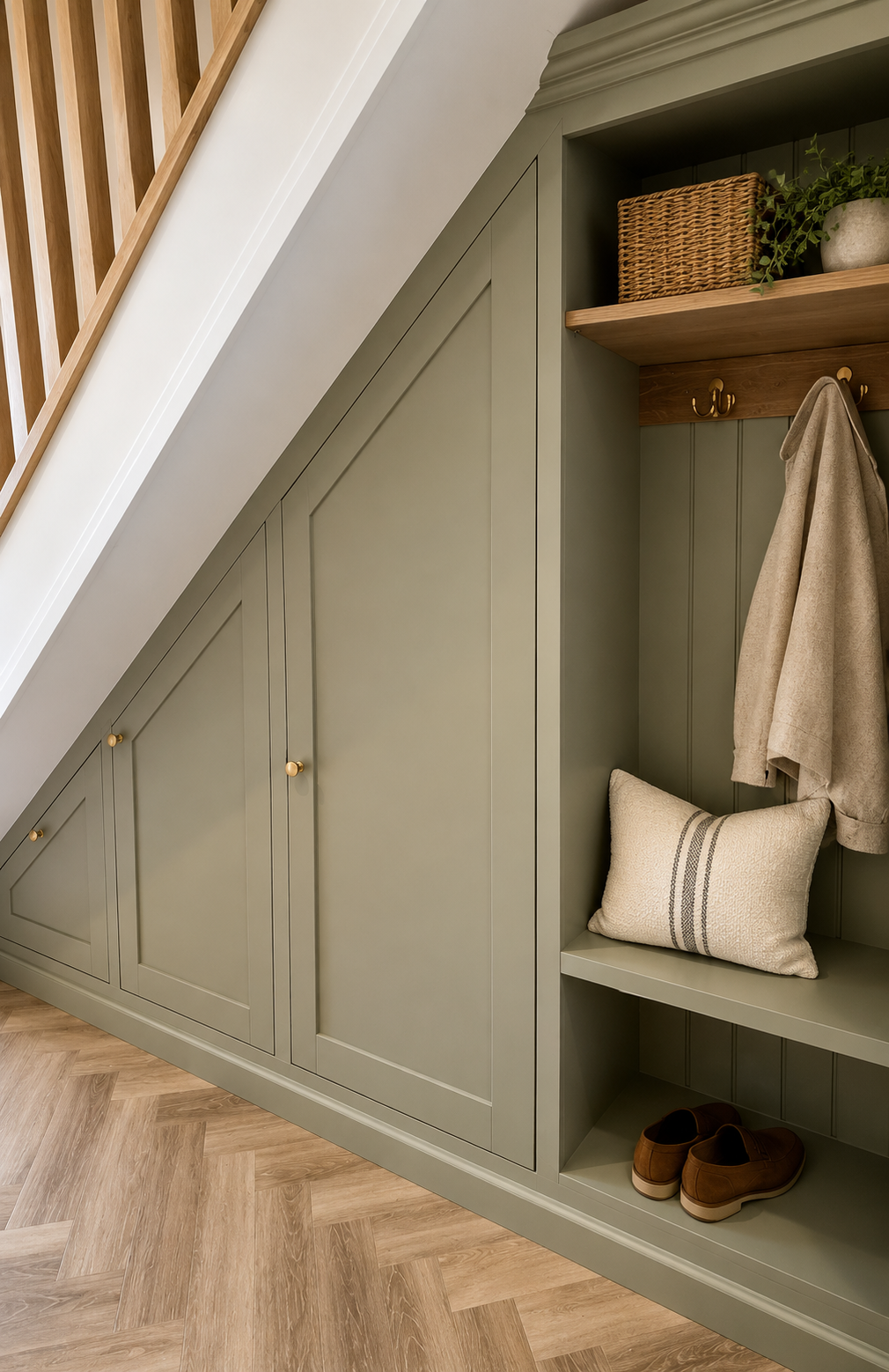 Custom understairs cabinetry spraying in Farrow and Ball French Grey, Lutterworth