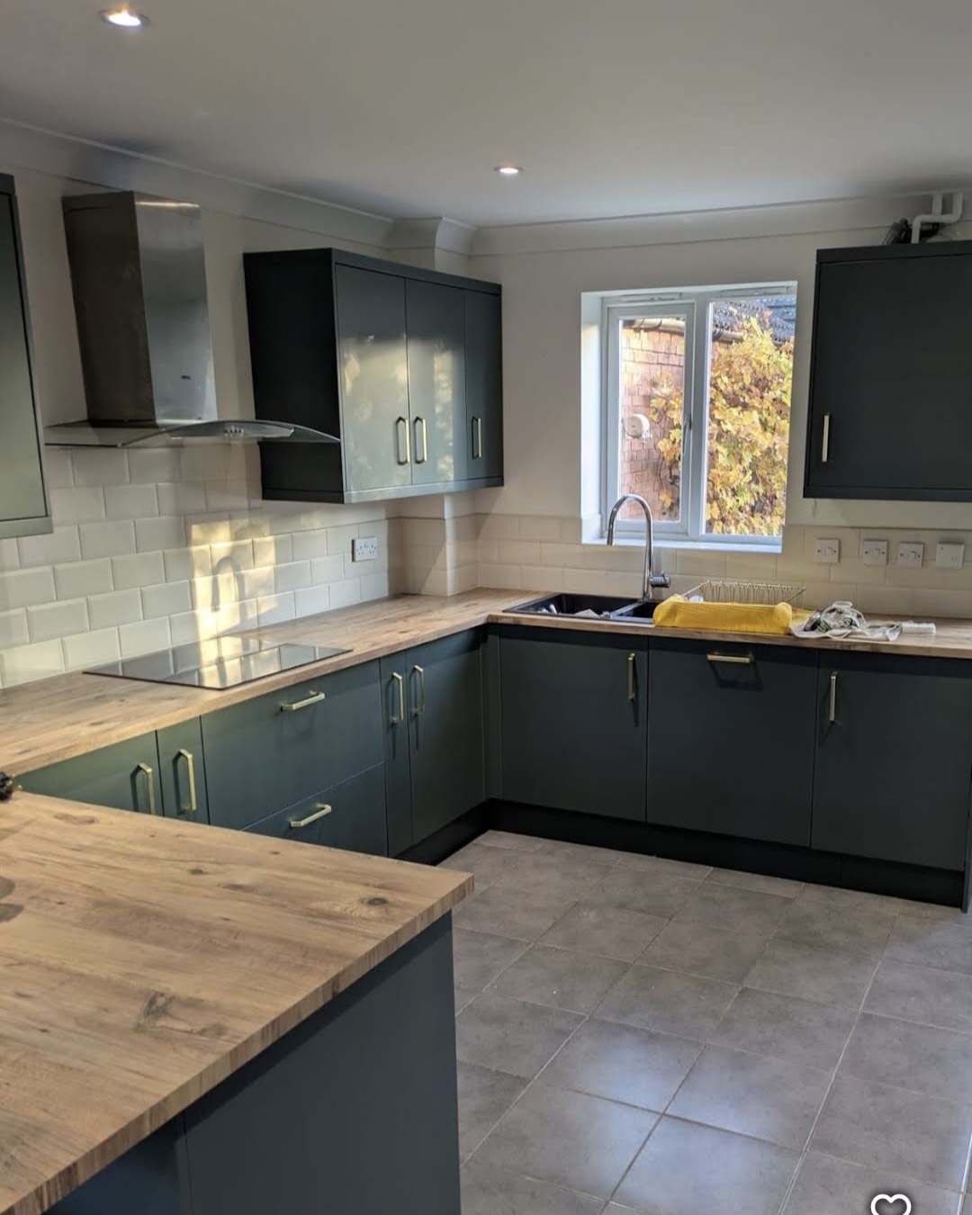 Complete u-shaped kitchen cabinet respray in Little Greene Three Farm Green, Rugby
