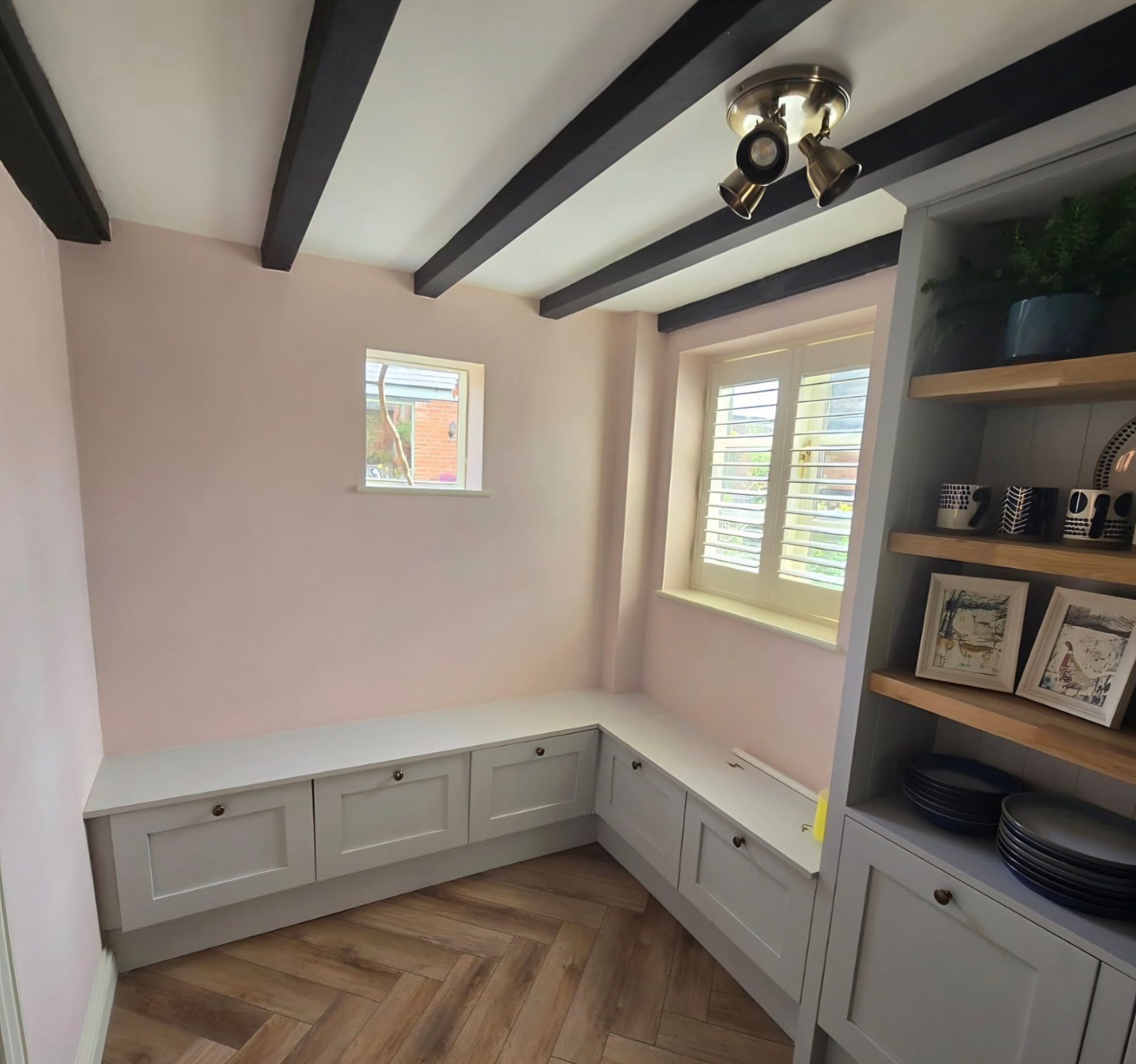 Pink room with grey lower cabinetry repainted in Dunton Bassett, Leicestershire