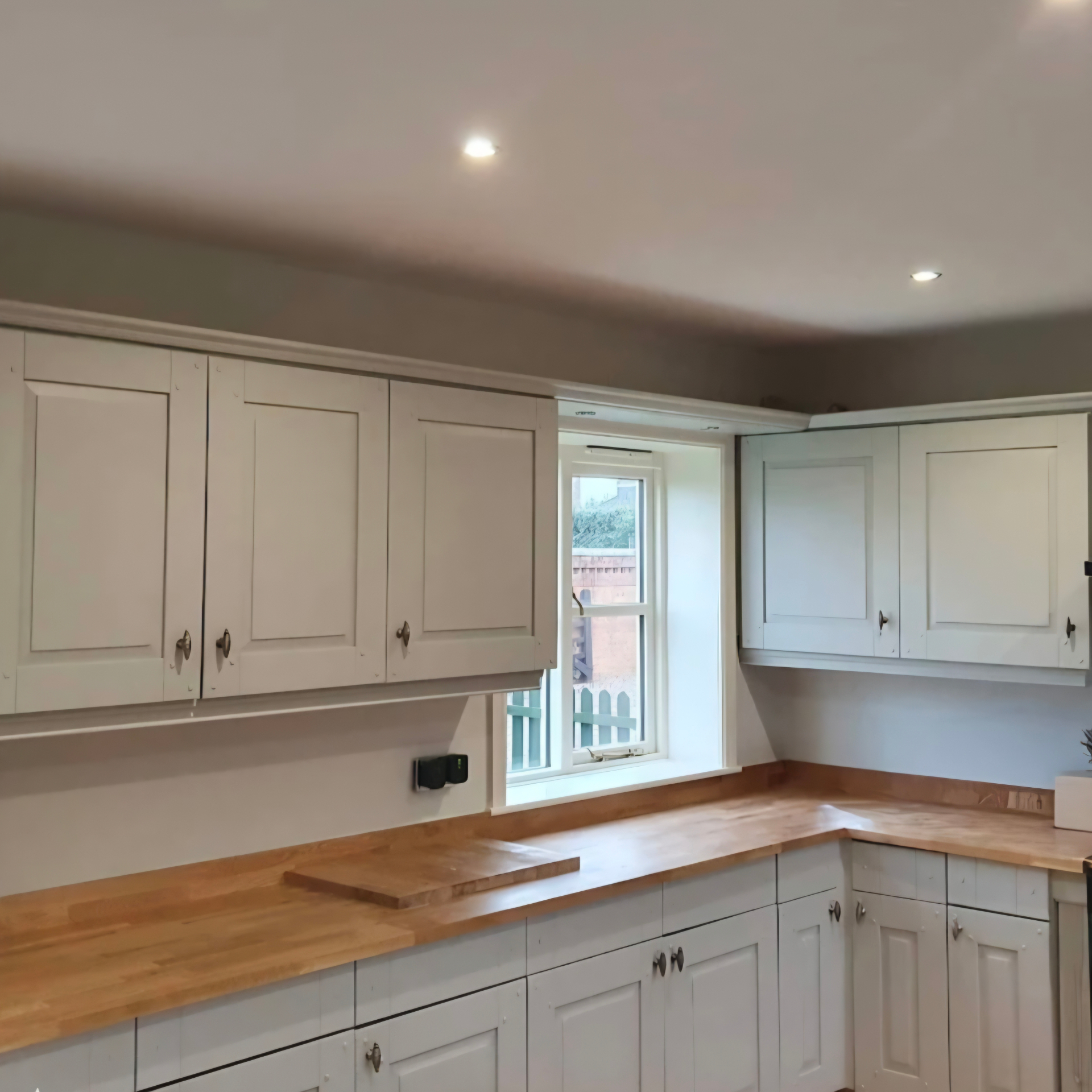 Fine finish kitchen cupboard spraying in Farrow and Ball Pavilion Grey, Hinckley