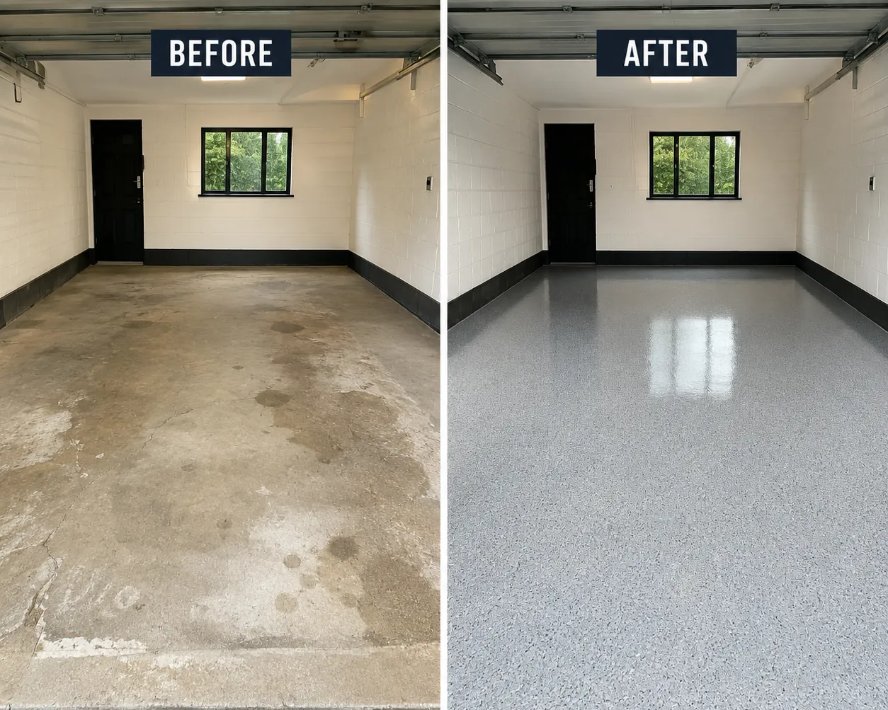 Epoxy garage floor before and after — oil-stained concrete transformed into a seamless, anti-slip garage floor coating