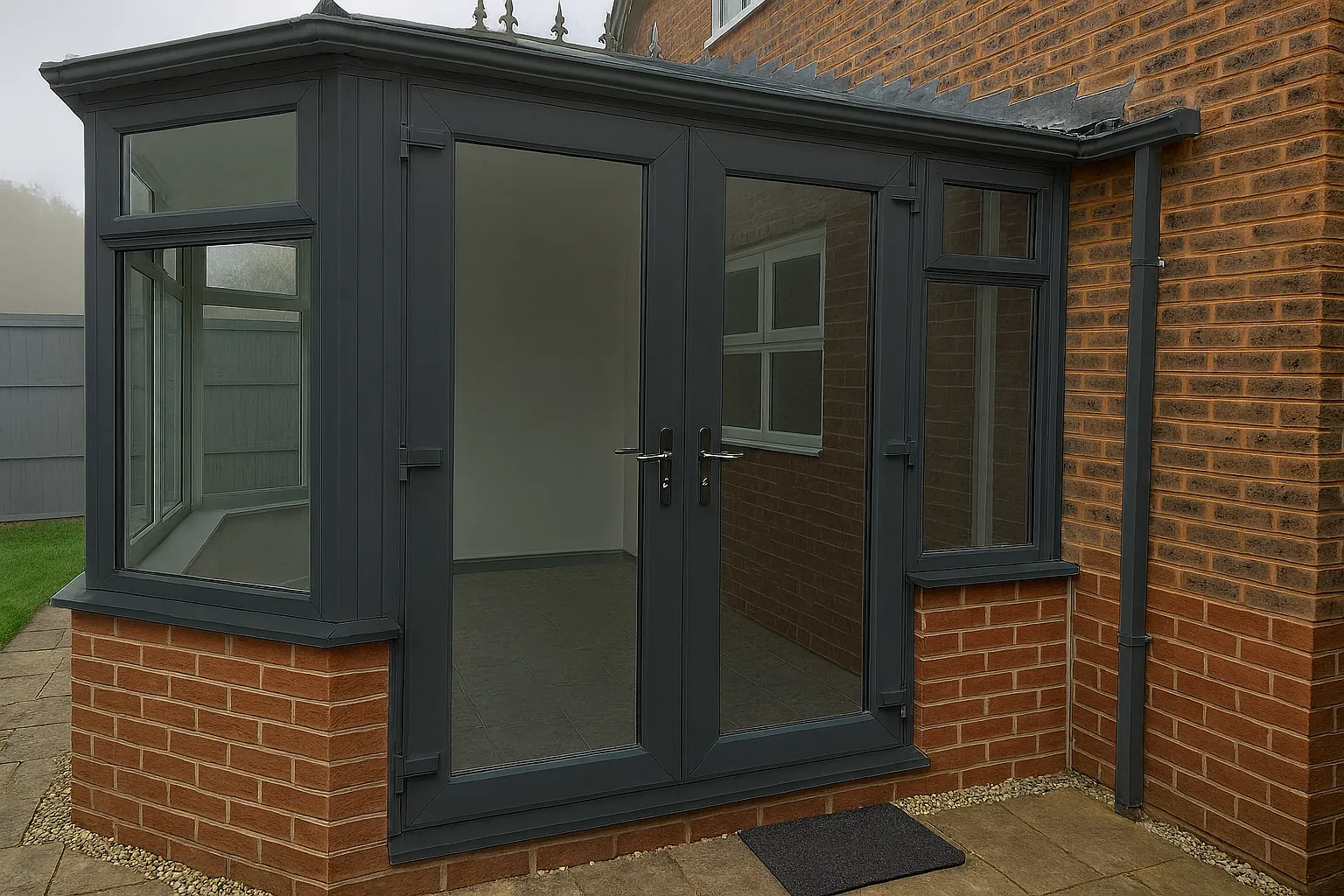 Exterior anthracite grey uPVC conservatory bi-fold doors professionally sprayed and finished