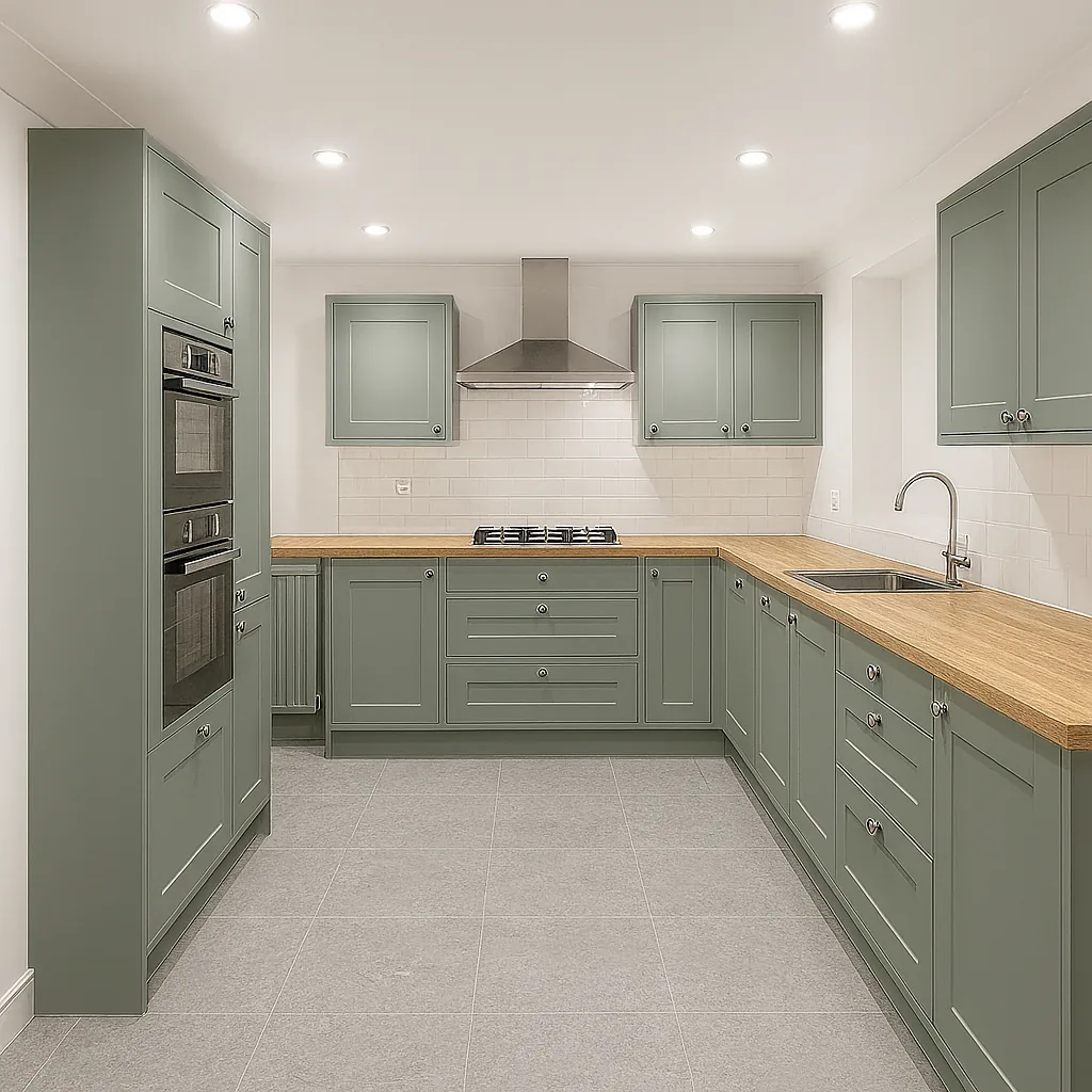 Shaker kitchen resprayed in Farrow & Ball Green Smoke in Market Harborough