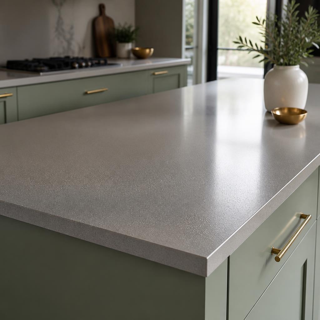 Seamless warm-grey epoxy resin worktop with subtle metallic flake, paired with sage-green shaker kitchen cabinets